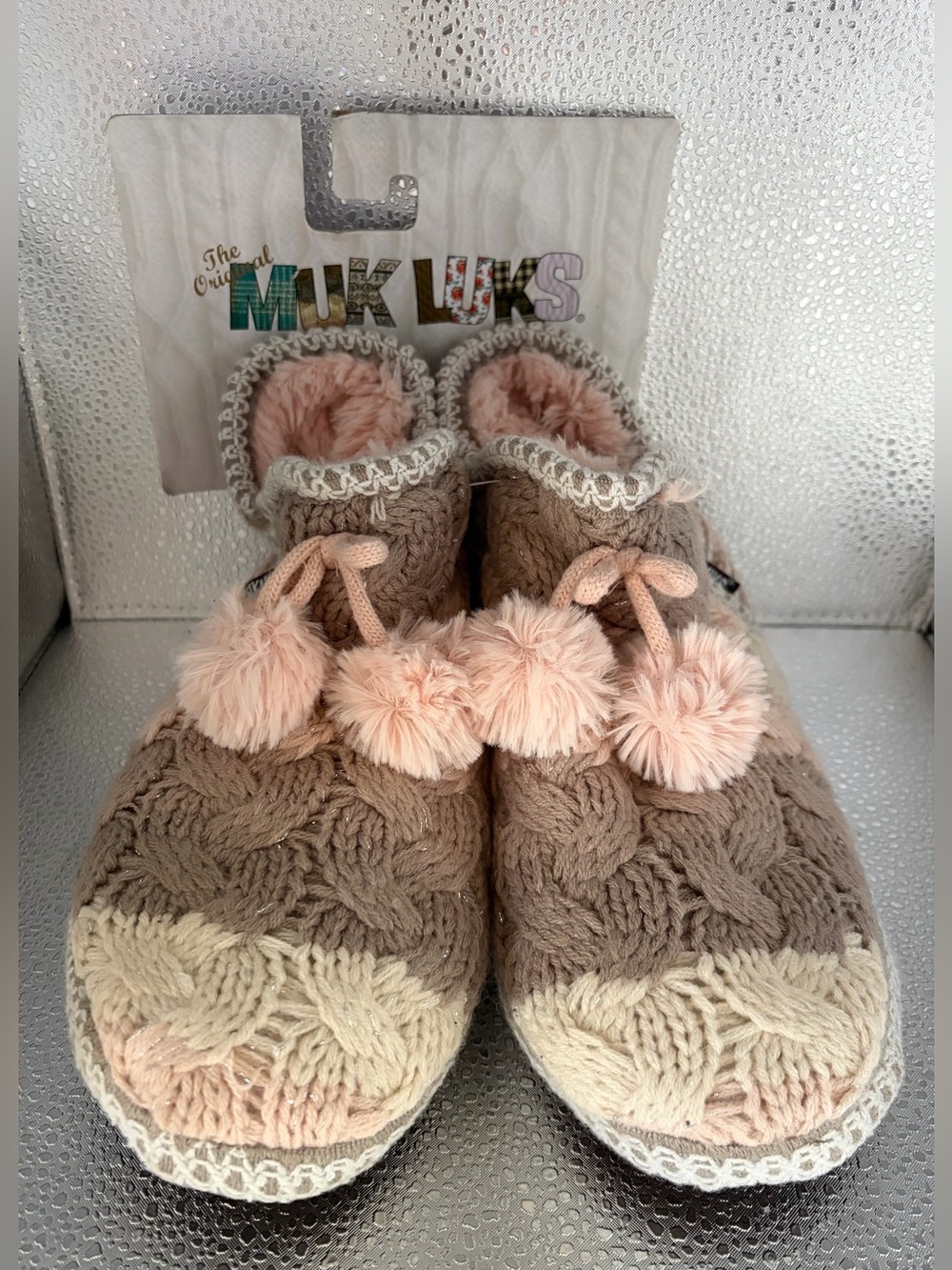 Muk Luks Women’s Pom-Pom Knit Slipper Booties in Taupe and Pink